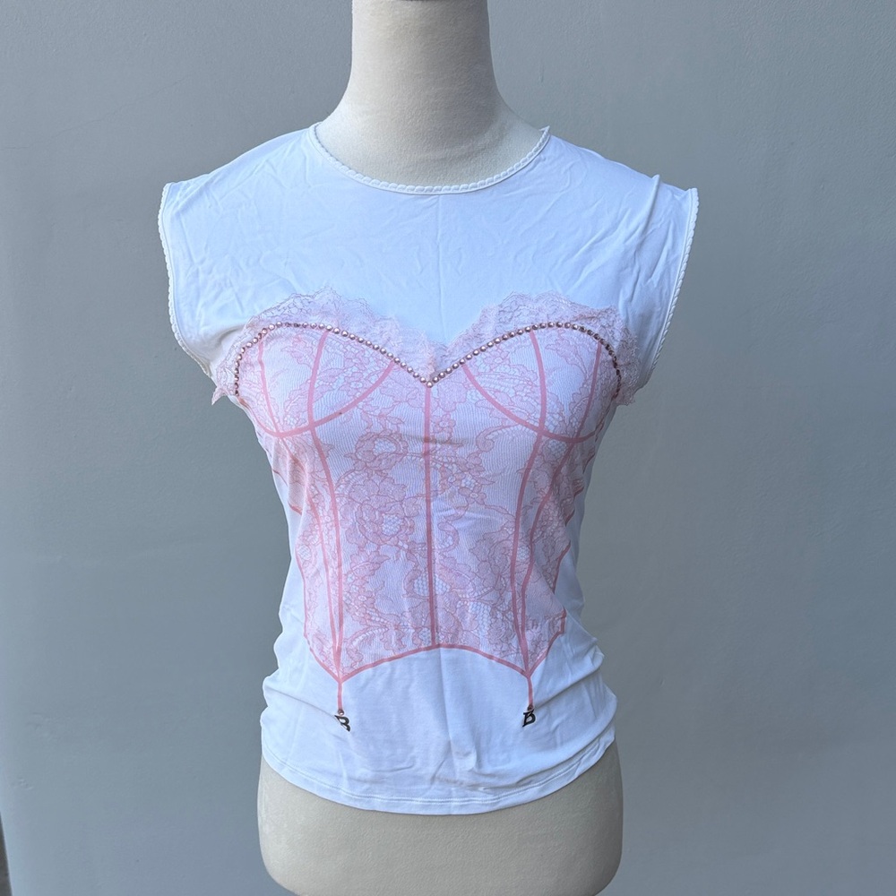 BLUMARINE Vintage Y2K White Pink Lace Corset-Bustier Style Embellished Tee Sz 6